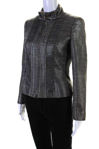 Versace Womens Front Zip Mock Neck Metallic Knit Jacket Gray Cotton Size IT 40