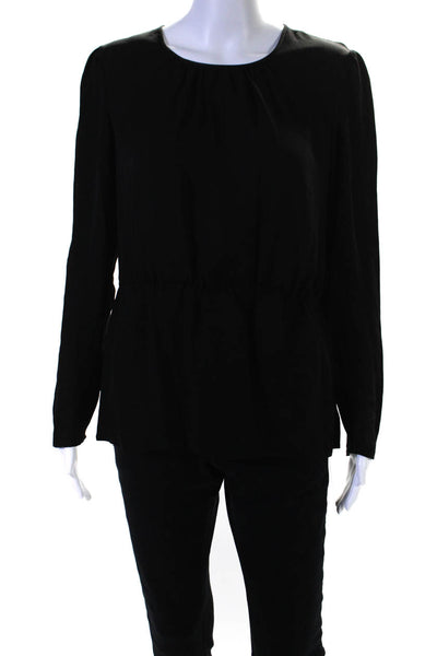 Theory Women's Round Neck Long Sleeves Peplum Silk Blouse Black Size L