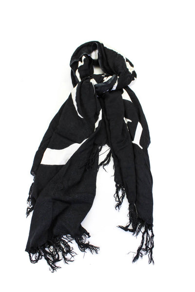 Free In St Barth Womens Fringe Trim Logo Lightweight Knit Scarf Black White