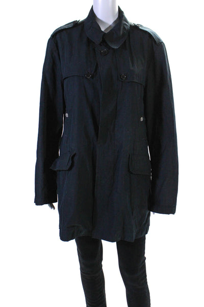 Arfango Womens Button Front Long Sleeve Collared Light Jacket Navy Blue Large