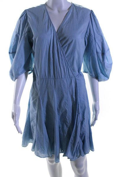 Rhode Womens Cotton Half Puff Sleeve Tie Front Ruffled Wrap Dress Blue Size XL