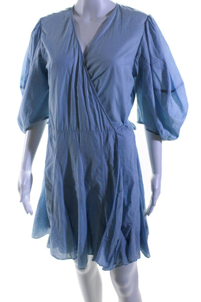 Rhode Womens Cotton Half Puff Sleeve Tie Front Ruffled Wrap Dress Blue Size XL