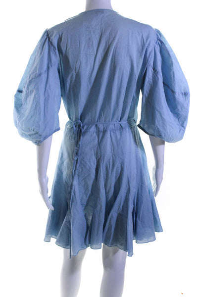 Rhode Womens Cotton Half Puff Sleeve Tie Front Ruffled Wrap Dress Blue Size XL