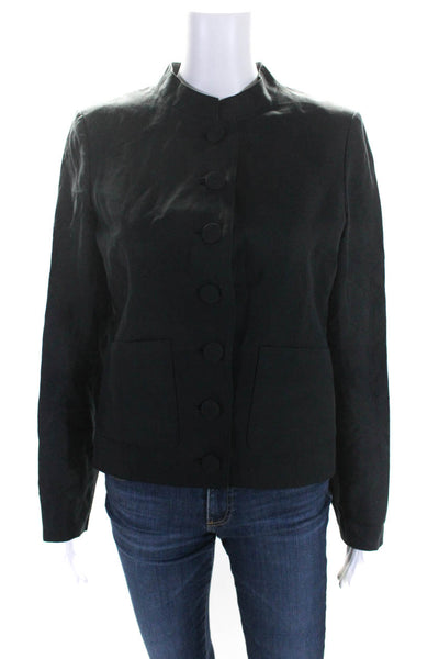 Theory Womens High Neck Woven Button Up Jacket Black Linen Size 8