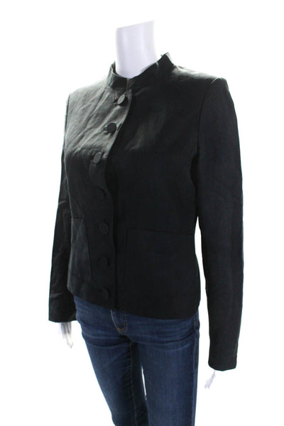 Theory Womens High Neck Woven Button Up Jacket Black Linen Size 8