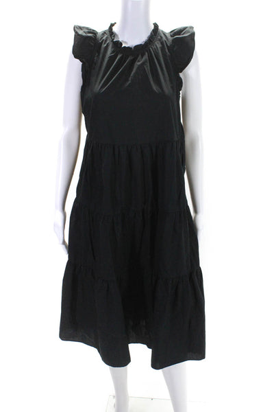 J Crew Women's Round Neck Sleeveless Tiered Midi Dress Black Size MP