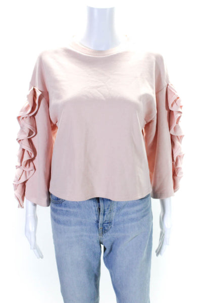 J.O.A. Womens Crew Neck Ruffled Long Sleeve Pullover Sweatshirt Pink Size S