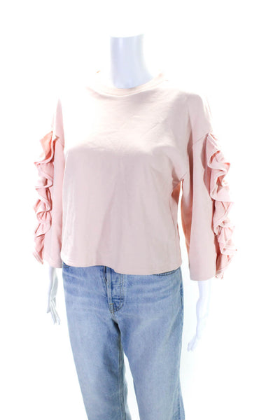 J.O.A. Womens Crew Neck Ruffled Long Sleeve Pullover Sweatshirt Pink Size S