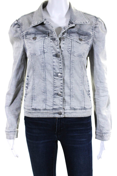 Driftwood Womens Puff Sleeve Acid Wash Button Down Denim Jacket Gray Size S