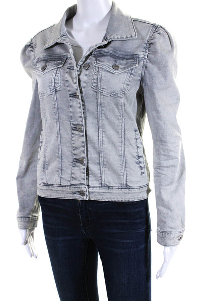 Driftwood Womens Puff Sleeve Acid Wash Button Down Denim Jacket Gray Size S