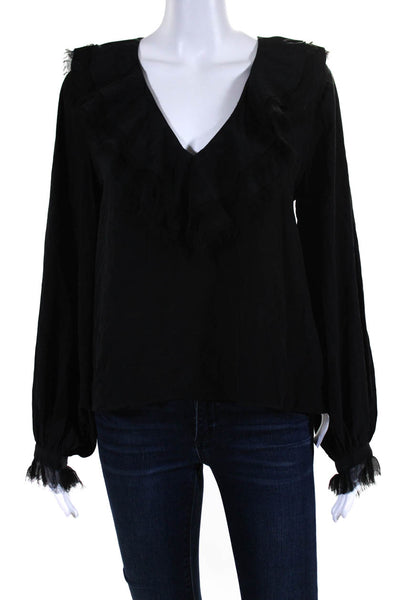 Alexis Womens Silk Long Sleeves Ruffled V Neck Blouse Black Size Extra Small