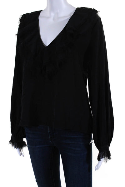 Alexis Womens Silk Long Sleeves Ruffled V Neck Blouse Black Size Extra Small