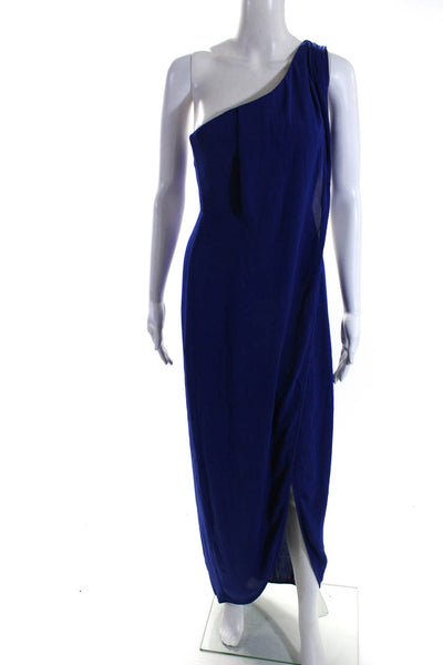 BCBG Max Azria Womens Pleated Front Slit One Shoulder Zipped Gown Blue Size 0