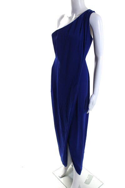 BCBG Max Azria Womens Pleated Front Slit One Shoulder Zipped Gown Blue Size 0