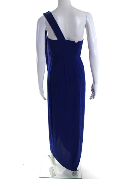 BCBG Max Azria Womens Pleated Front Slit One Shoulder Zipped Gown Blue Size 0