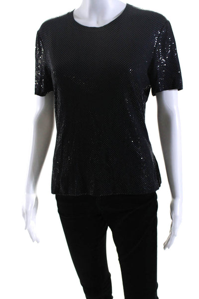 St. John Caviar Womens Short Sleeves Stretch Pullover Blouse Black Size Medium