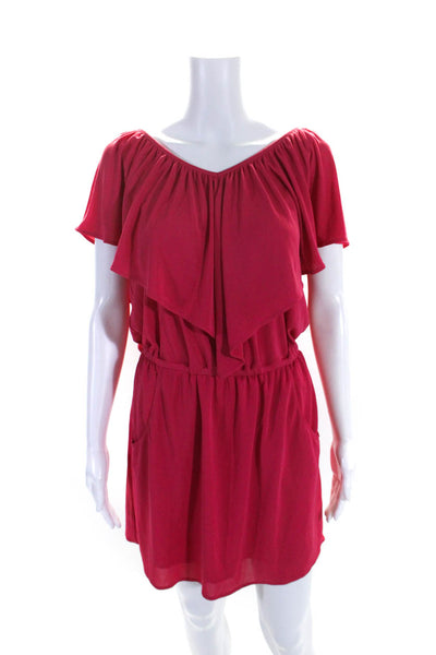 Tibi Womens V Neck Ruffle Knit Sleeveless Mini Sheath Dress Pink Size Small