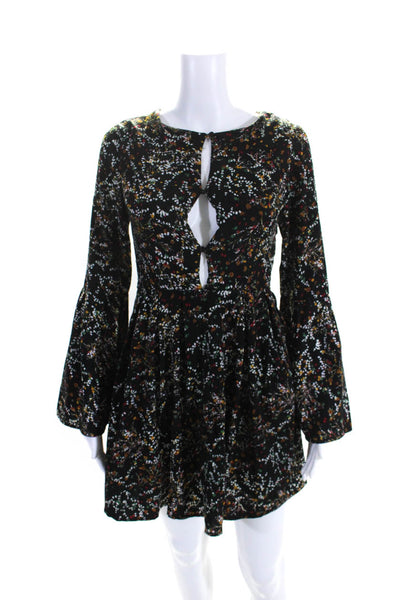 Lucca Womens Long Bell Sleeve Floral A Line Popover Dress Black Green Red XS