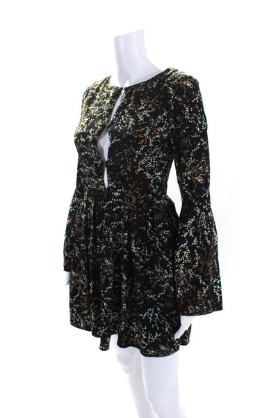 Lucca Womens Long Bell Sleeve Floral A Line Popover Dress Black Green Red XS