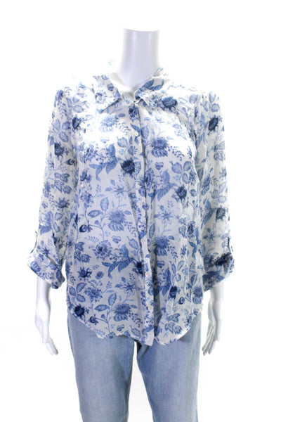 Joie Womens Cotton Silk Floral Print Button Down Blouse White Blue Size S