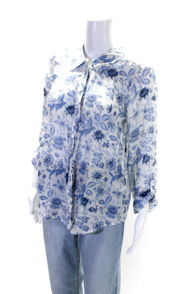 Joie Womens Cotton Silk Floral Print Button Down Blouse White Blue Size S