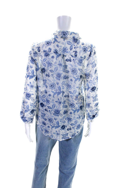 Joie Womens Cotton Silk Floral Print Button Down Blouse White Blue Size S