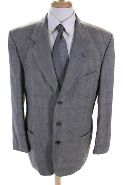 Valentino Uomo Mens Three Button Notched Lapel Glen Plaid Blazer Jacket Gray 43L