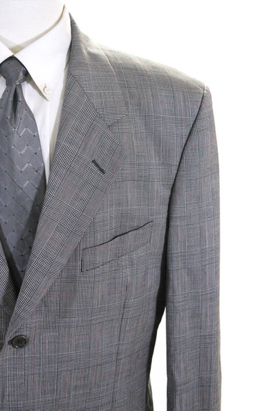 Valentino Uomo Mens Three Button Notched Lapel Glen Plaid Blazer Jacket Gray 43L