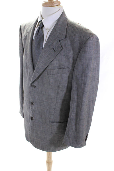 Valentino Uomo Mens Three Button Notched Lapel Glen Plaid Blazer Jacket Gray 43L