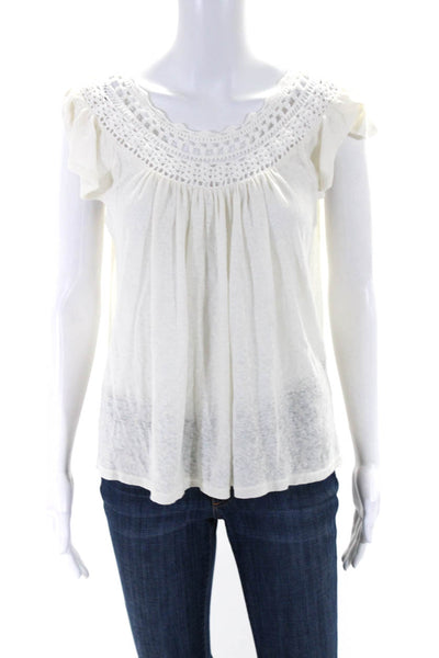 Rebecca Taylor Womens Linen Knit Textured Ruffled Short Sleeve Top White Size XS