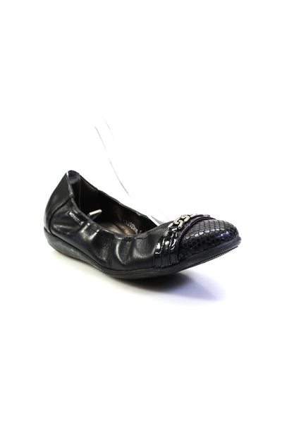 Mephisto Womens Snake Embossed Cap Toe Ballet Flats Black Leather Size 8