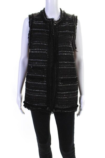 Rachel Zoe Womens Tweed Chain Fringe Detail Open Front Vest Black Size M