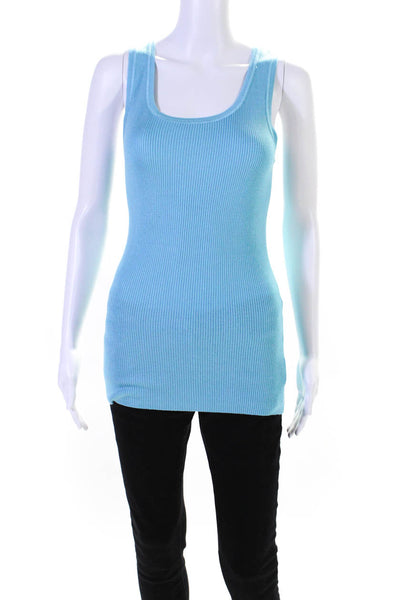 Magaschoni Womens Silk Ribbed Knit Scoop Neck Tank Top Blue Size S