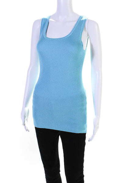 Magaschoni Womens Silk Ribbed Knit Scoop Neck Tank Top Blue Size S