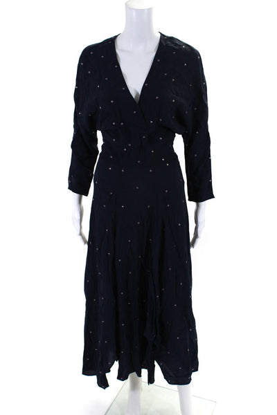 Maje Womens Metallic Polka Dot V-Neck Long Sleeve Slit Maxi Dress Navy Size 2