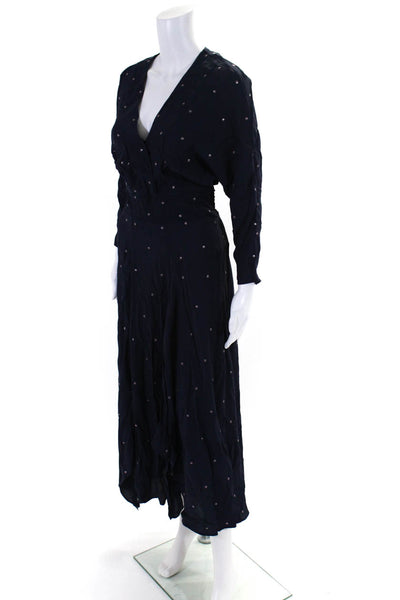 Maje Womens Metallic Polka Dot V-Neck Long Sleeve Slit Maxi Dress Navy Size 2