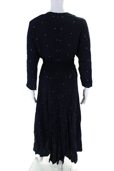 Maje Womens Metallic Polka Dot V-Neck Long Sleeve Slit Maxi Dress Navy Size 2