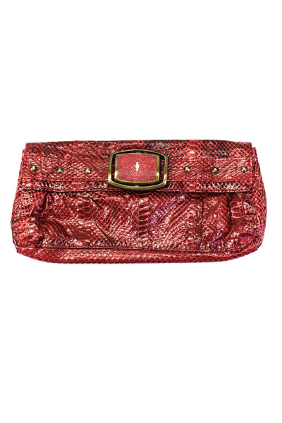 R&Y Augousti Womens Snake Skin Stingray Buckled Studded Ruched Pouch Handbag Red