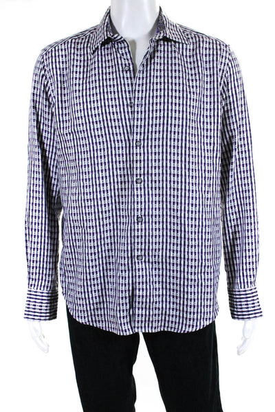 Robert Graham Mens Cotton Plaid Button Down Shirt White Purple Size M