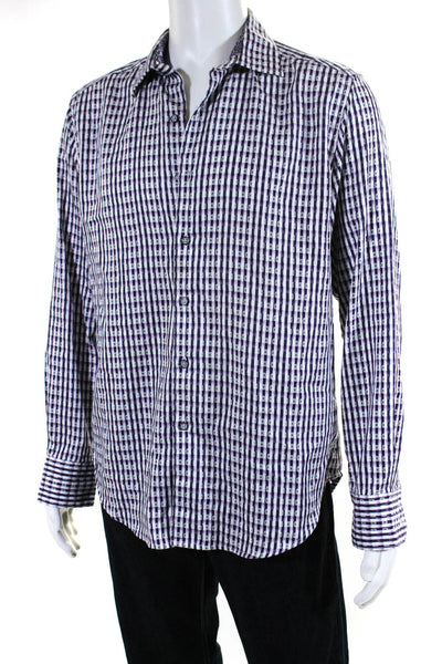 Robert Graham Mens Cotton Plaid Button Down Shirt White Purple Size M