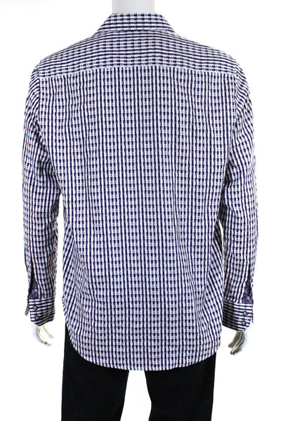 Robert Graham Mens Cotton Plaid Button Down Shirt White Purple Size M