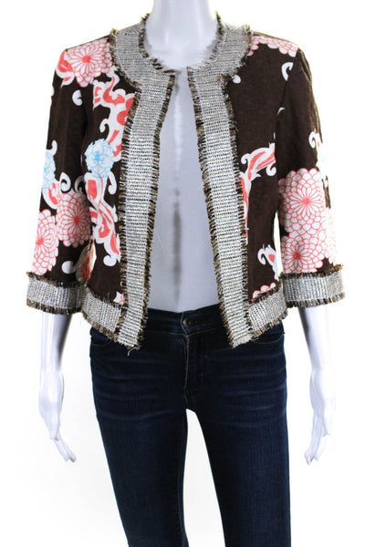 Trina Turk Women's Round Neck Long Sleeves Fringe Hem Floral Jackets Size 4