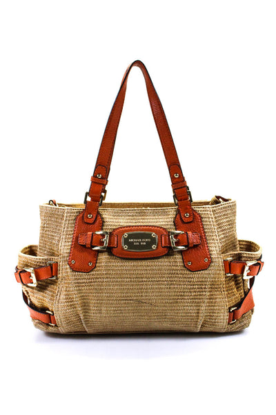 Michael Kors Women's Leather Trim Raffia Gold Hardware Shoulder Handbag Size M