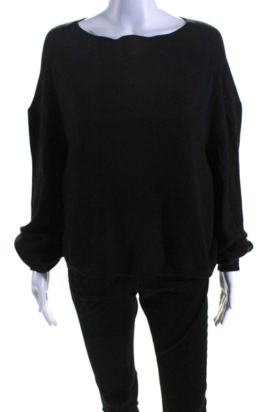 525 Womens Long Sleeve Boat Neck Ribbed Knit Sweatshirt Black Cotton Size Large