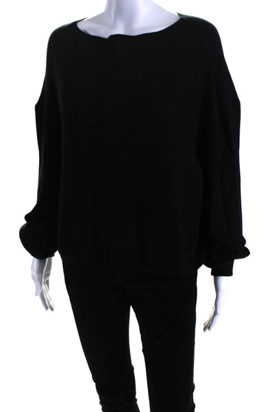 525 Womens Long Sleeve Boat Neck Ribbed Knit Sweatshirt Black Cotton Size Large