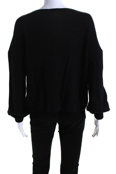 525 Womens Long Sleeve Boat Neck Ribbed Knit Sweatshirt Black Cotton Size Large