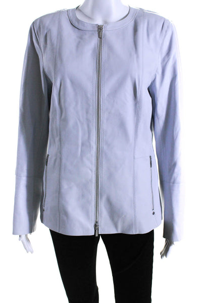 Lafayette 148 New York Womens Front Zip Crew Neck Leather Jacket Blue Size 12