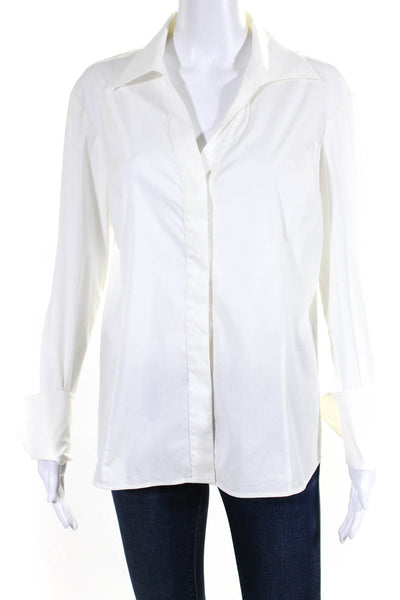 Lafayette 148 New York Womens Cotton Long Sleeve V Neck Blouse White Size 10