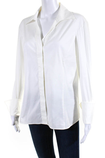 Lafayette 148 New York Womens Cotton Long Sleeve V Neck Blouse White Size 10