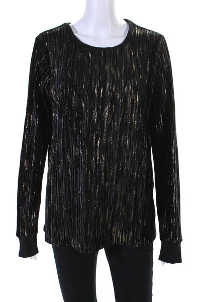 Elie Tahari Womens Black Gold Printed Crew Neck Long Sleeve Blouse Top Size M